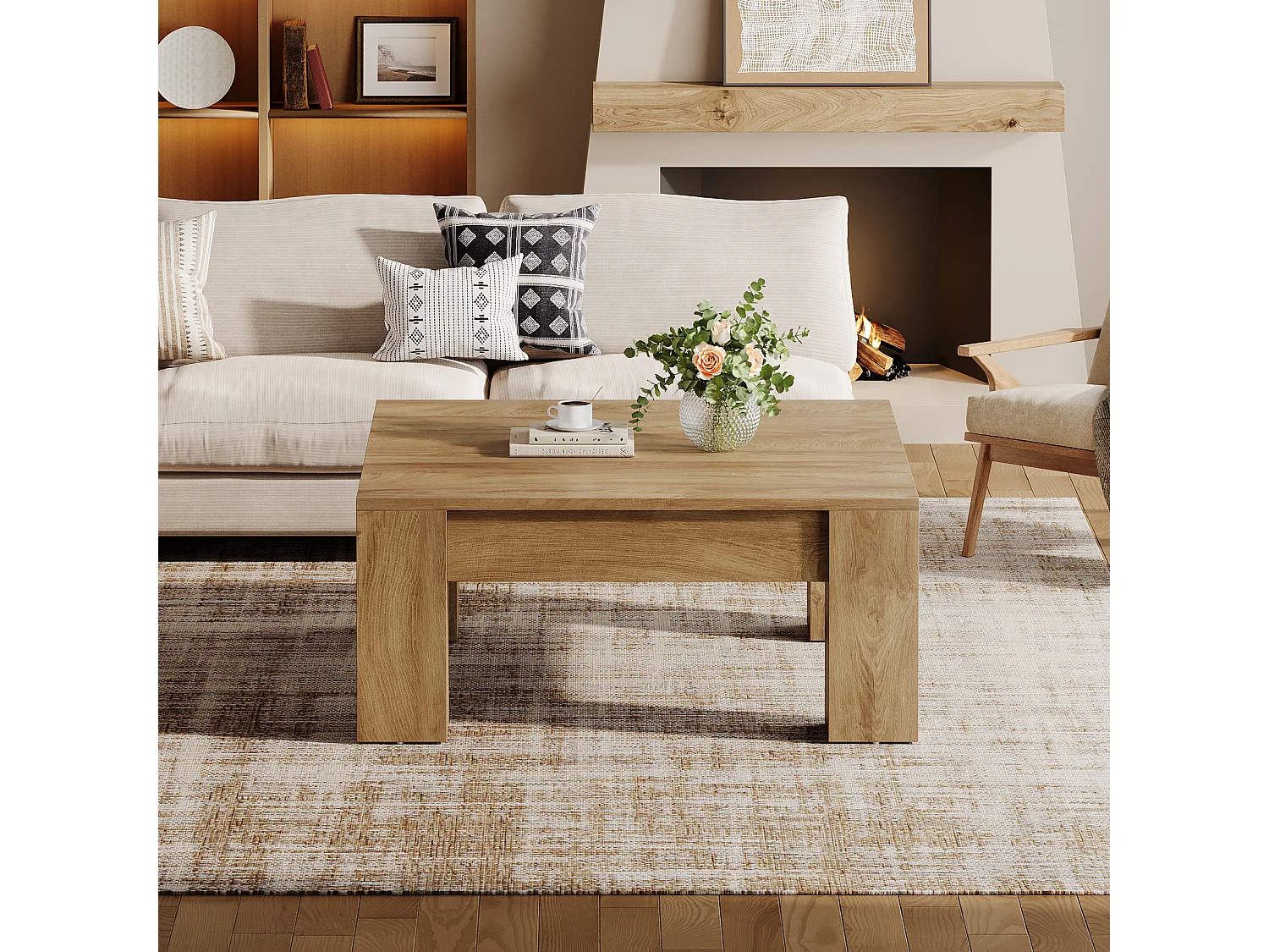 Table basse carrée, table basse de style campagnard en bois de 100 cm avec pieds robustes