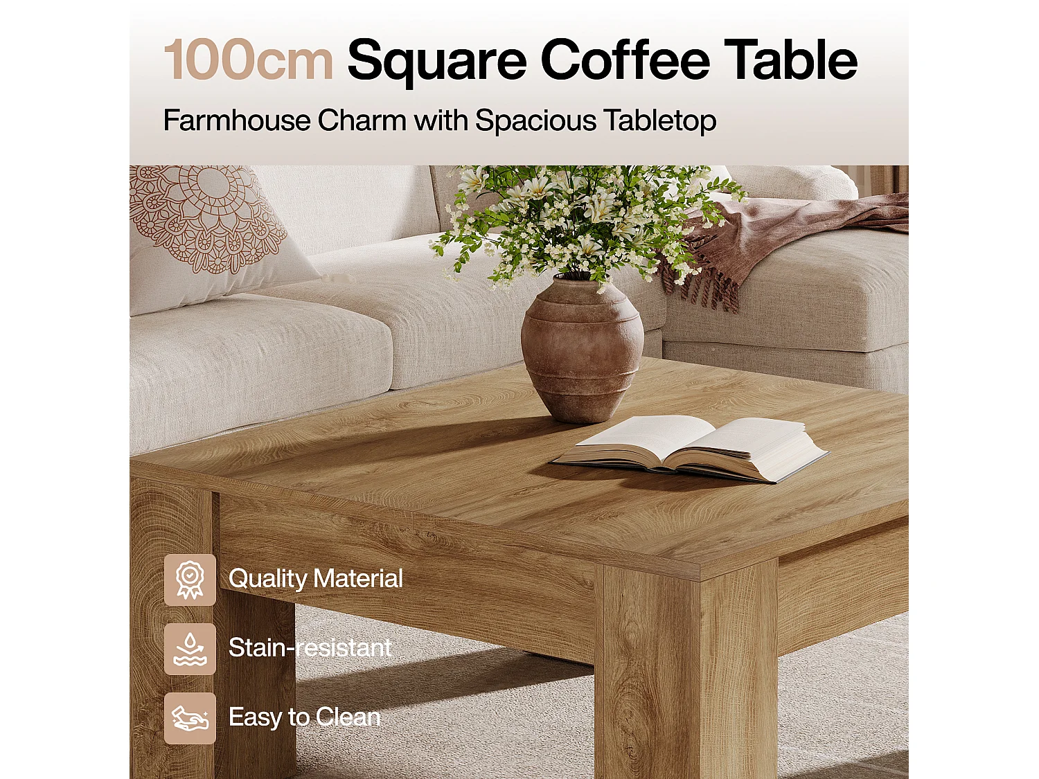 Table basse carrée, table basse de style campagnard en bois de 100 cm avec pieds robustes