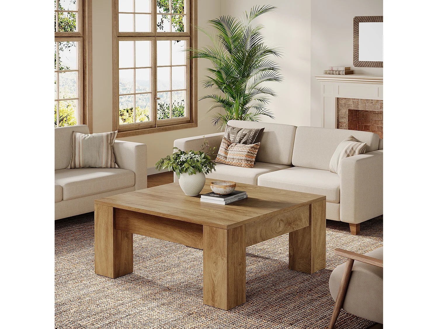 Table basse carrée, table basse de style campagnard en bois de 100 cm avec pieds robustes