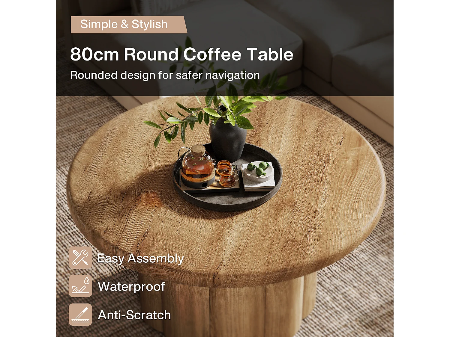 Table basse ronde de 80 cm pour salon, table basse ronde de style campagnard