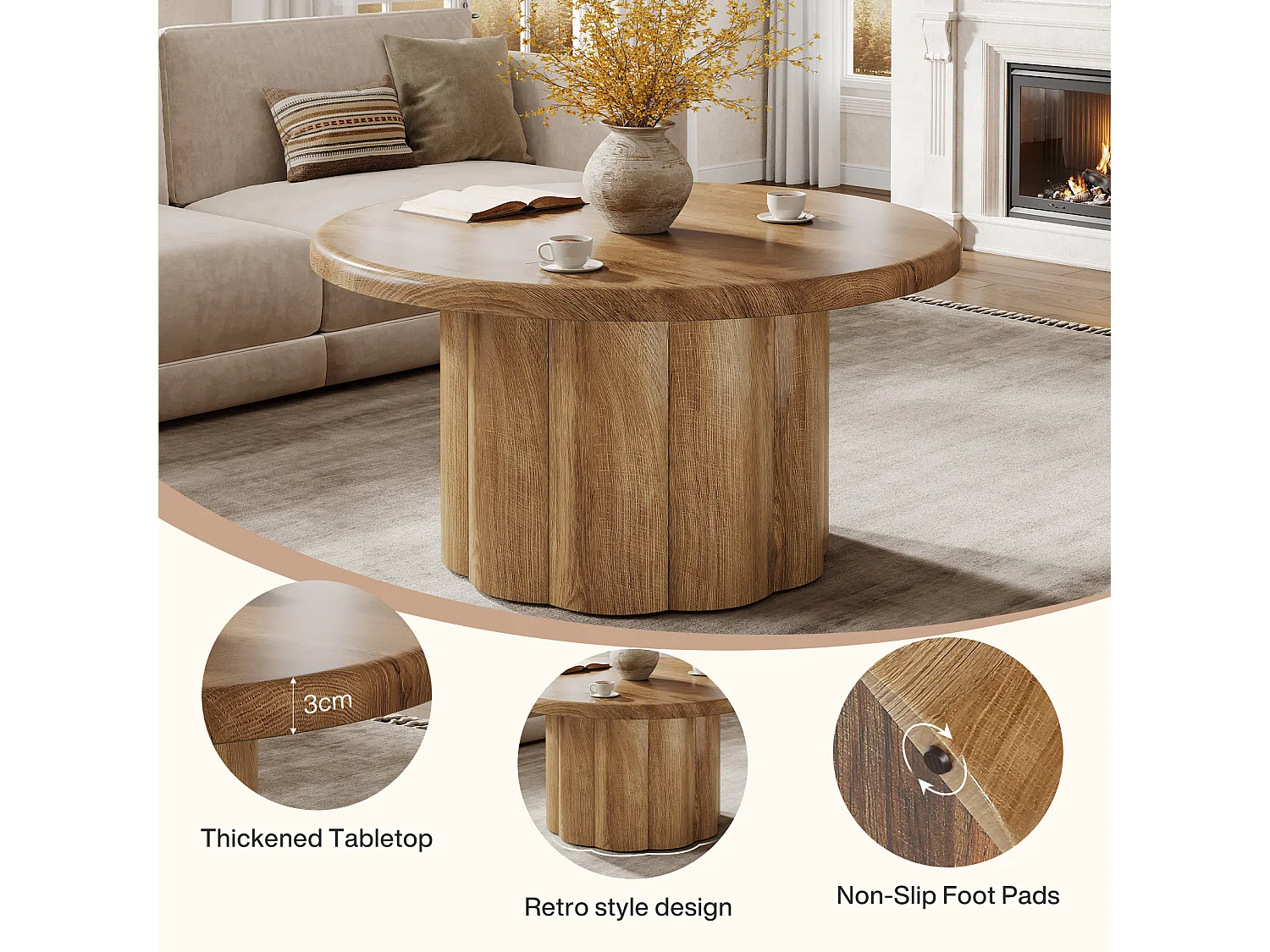 Table basse ronde de 80 cm pour salon, table basse ronde de style campagnard