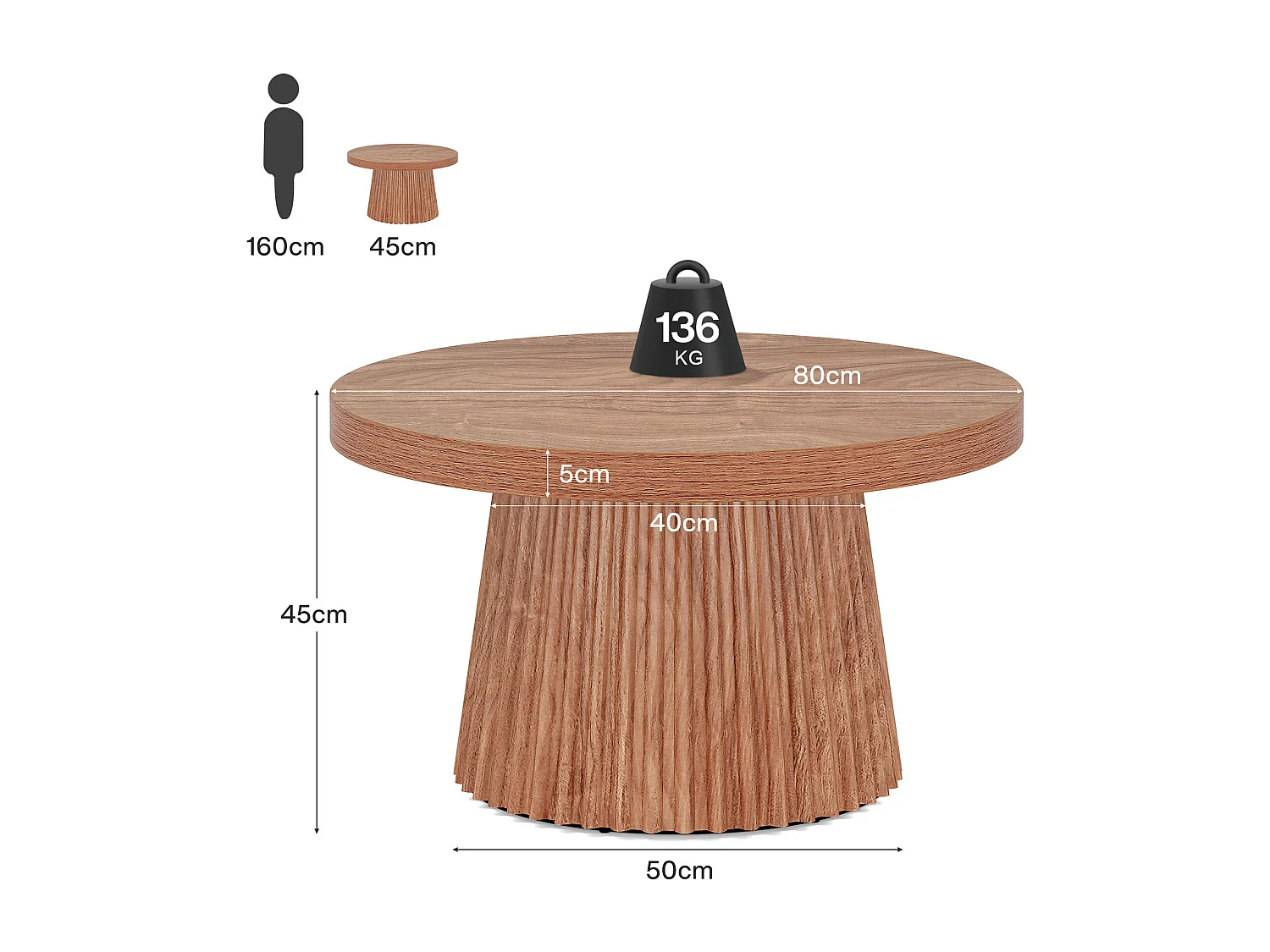 Tables basses rondes de style campagnard, 80 cm, avec piètement cylindrique cannelé.