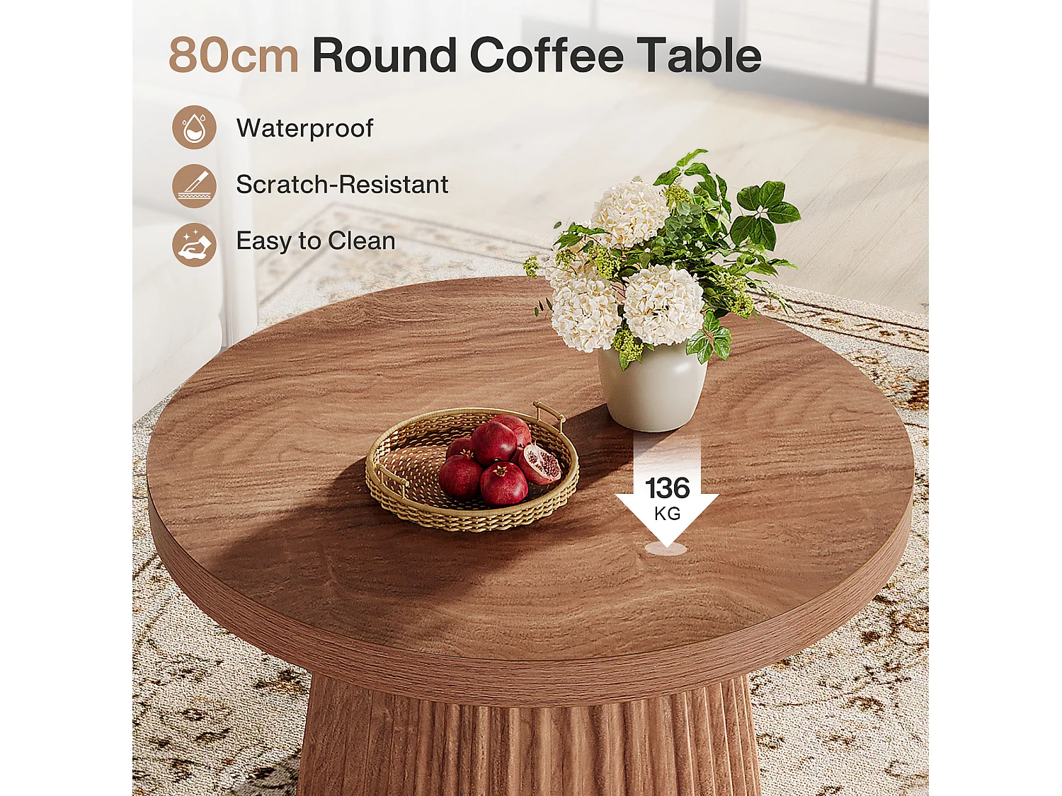 Tables basses rondes de style campagnard, 80 cm, avec piètement cylindrique cannelé.