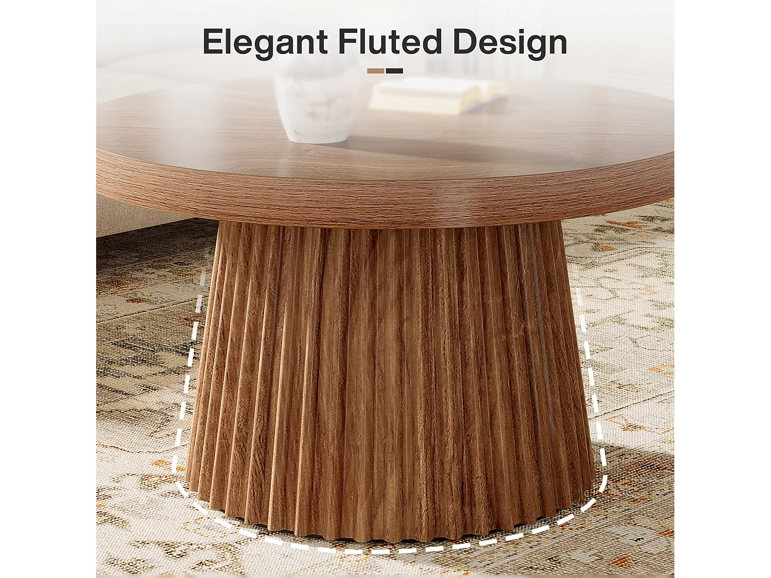 Tables basses rondes de style campagnard, 80 cm, avec piètement cylindrique cannelé.