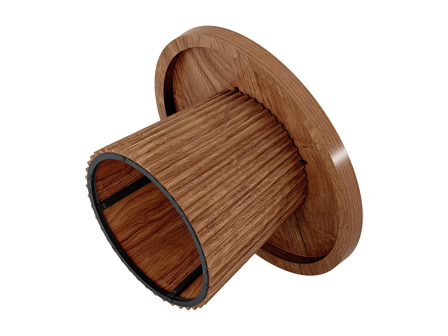 Tables basses rondes de style campagnard, 80 cm, avec piètement cylindrique cannelé.