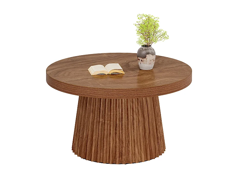 Tables basses rondes de style campagnard, 80 cm, avec piètement cylindrique cannelé.