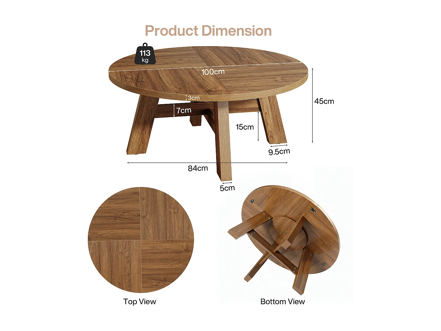 Table basse ronde, table basse circulaire de 100 cm avec traverse renforcée