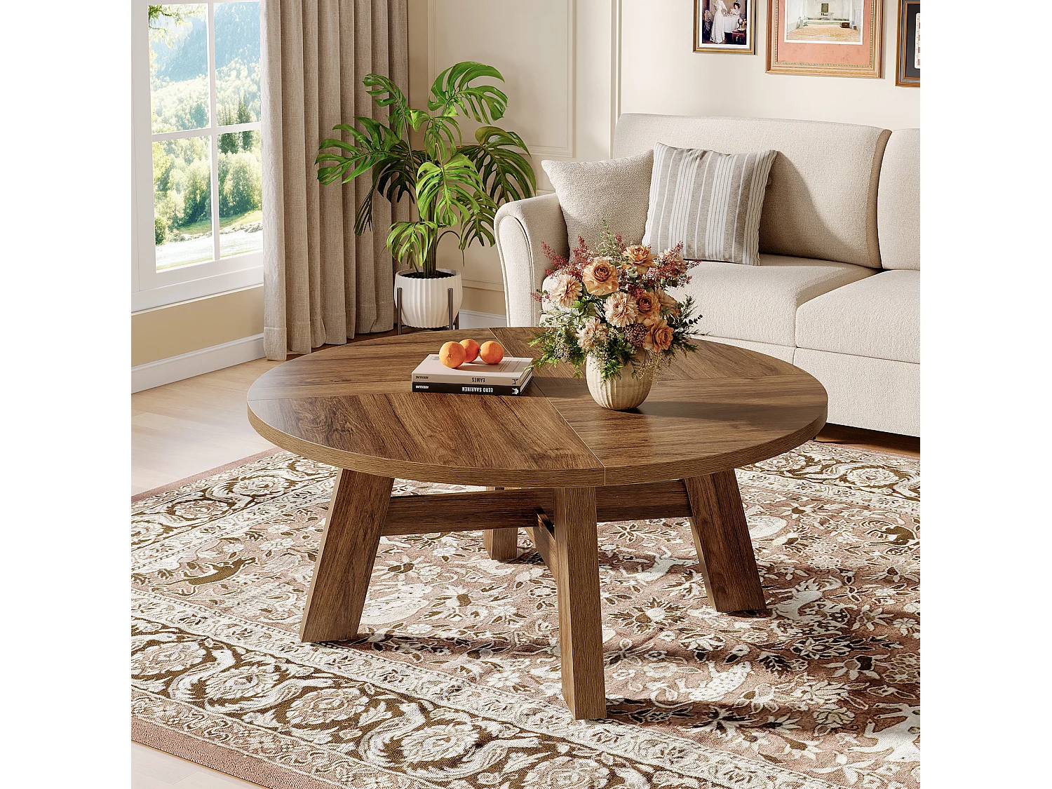 Table basse ronde, table basse circulaire de 100 cm avec traverse renforcée