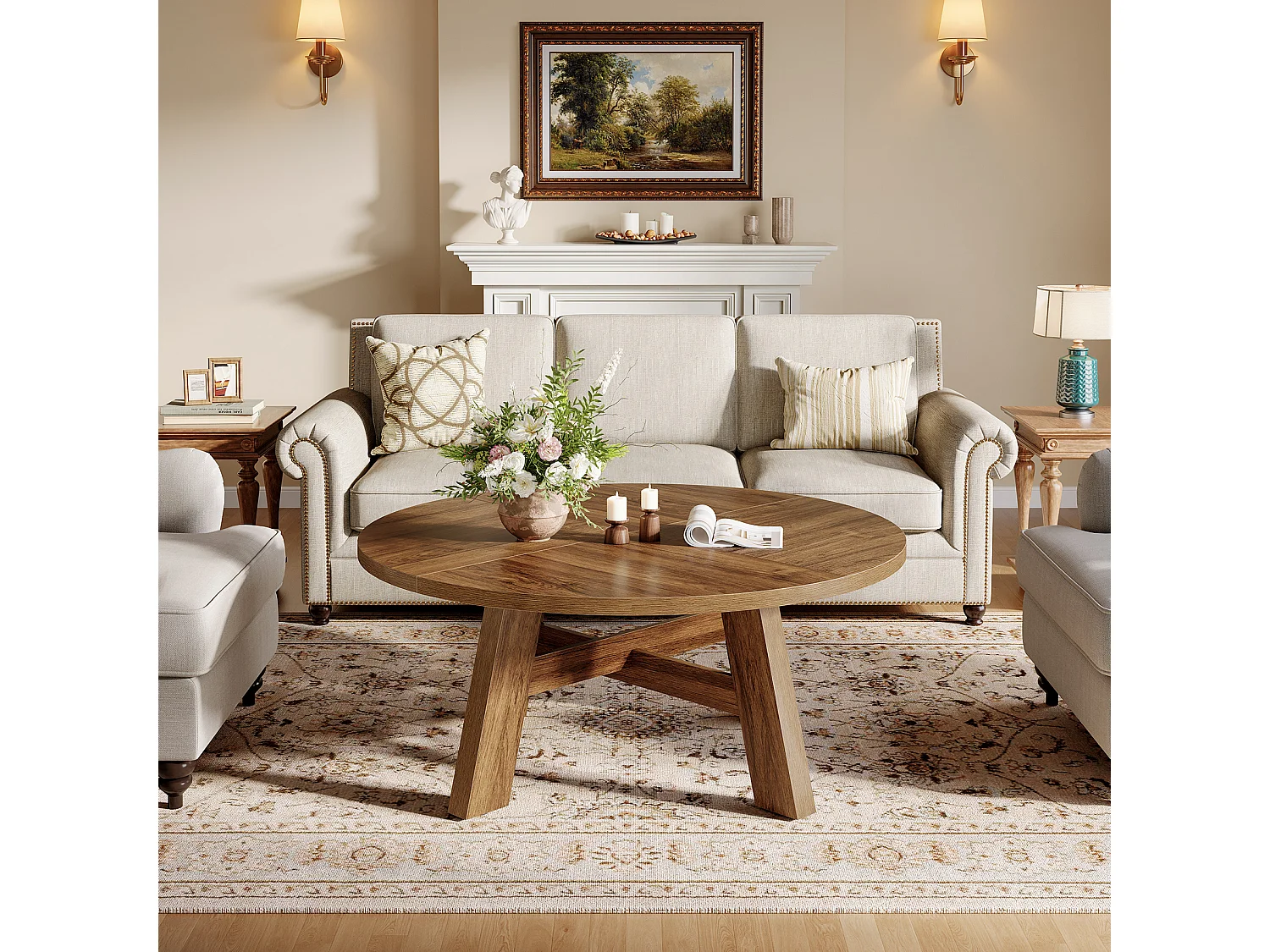 Table basse ronde, table basse circulaire de 100 cm avec traverse renforcée