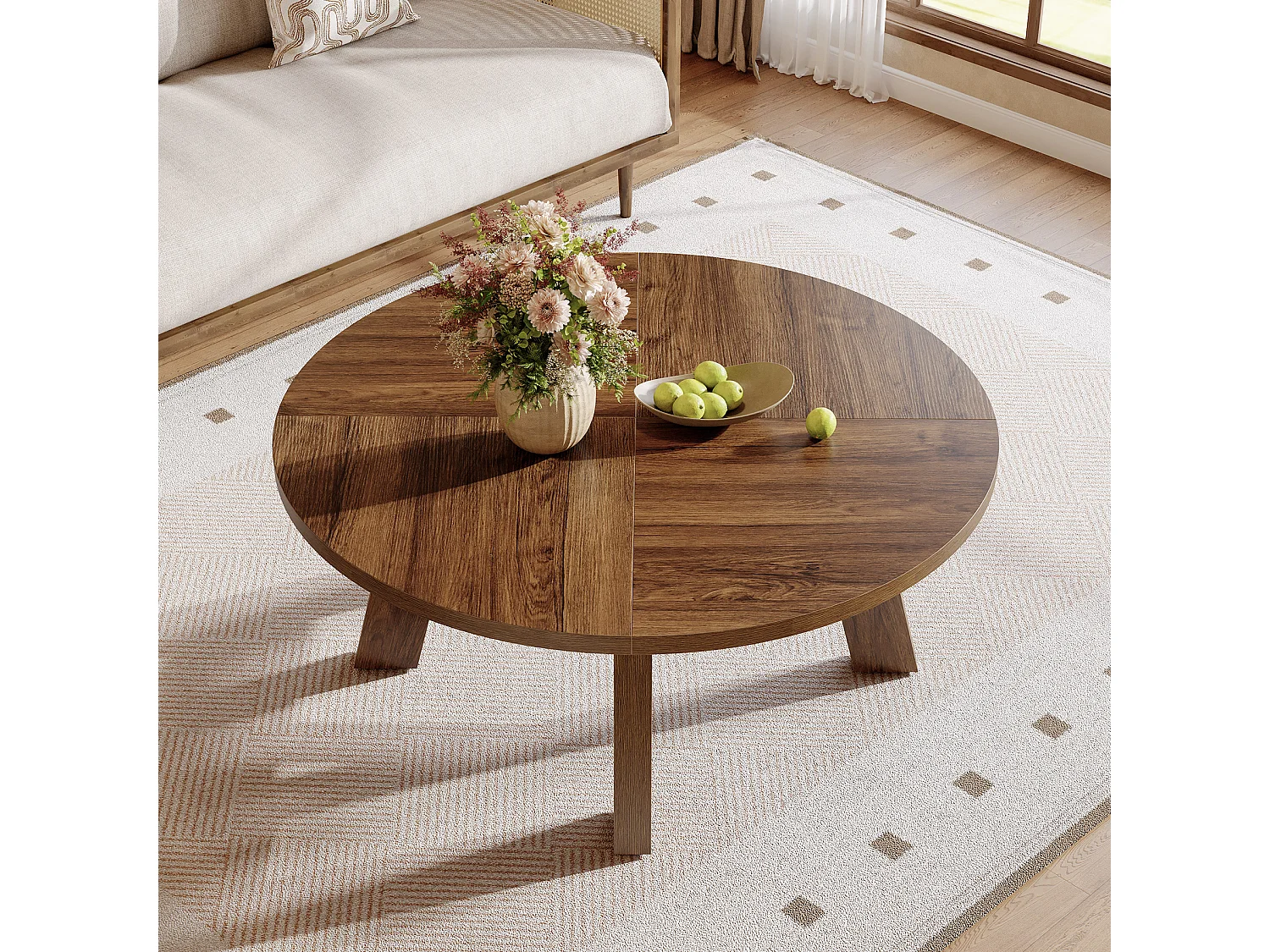 Table basse ronde, table basse circulaire de 100 cm avec traverse renforcée