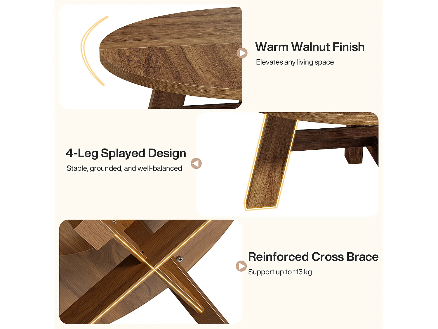 Table basse ronde, table basse circulaire de 100 cm avec traverse renforcée