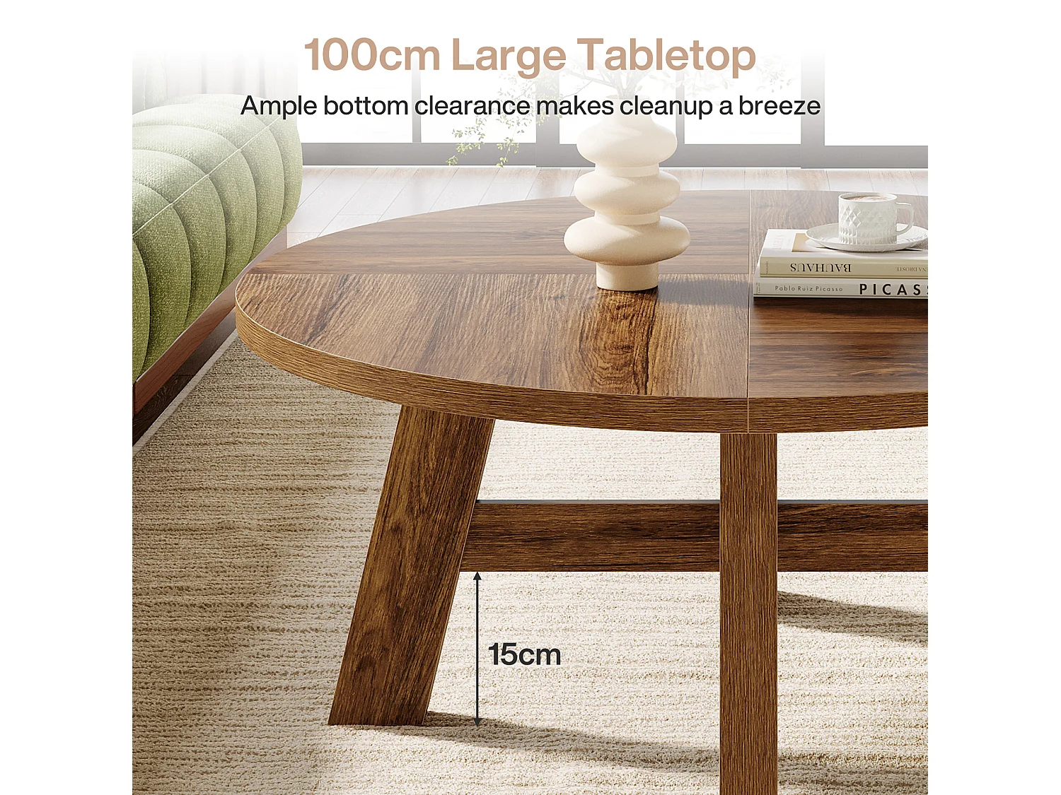 Table basse ronde, table basse circulaire de 100 cm avec traverse renforcée