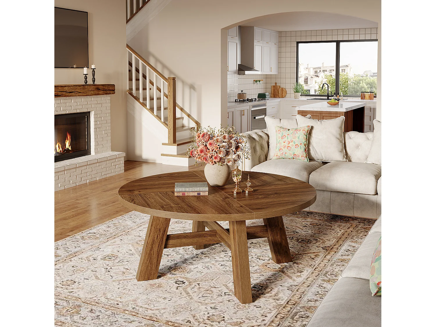 Table basse ronde, table basse circulaire de 100 cm avec traverse renforcée