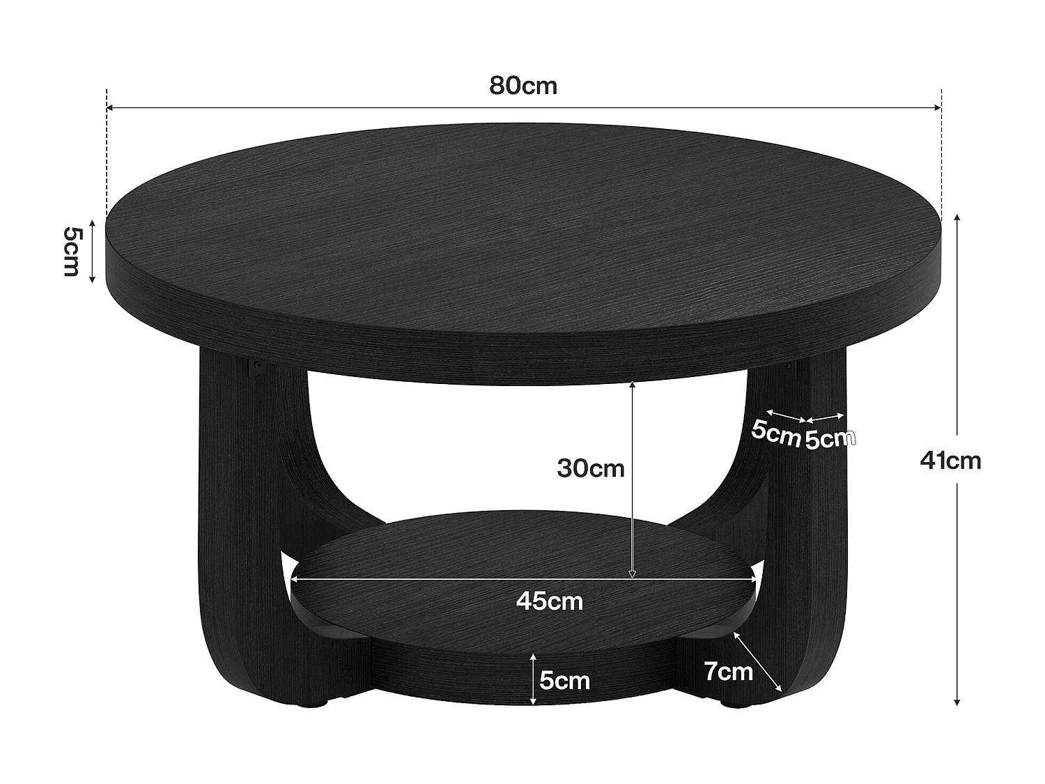 Table basse ronde de 80 cm, table basse circulaire à 2 niveaux avec rangement, noire
