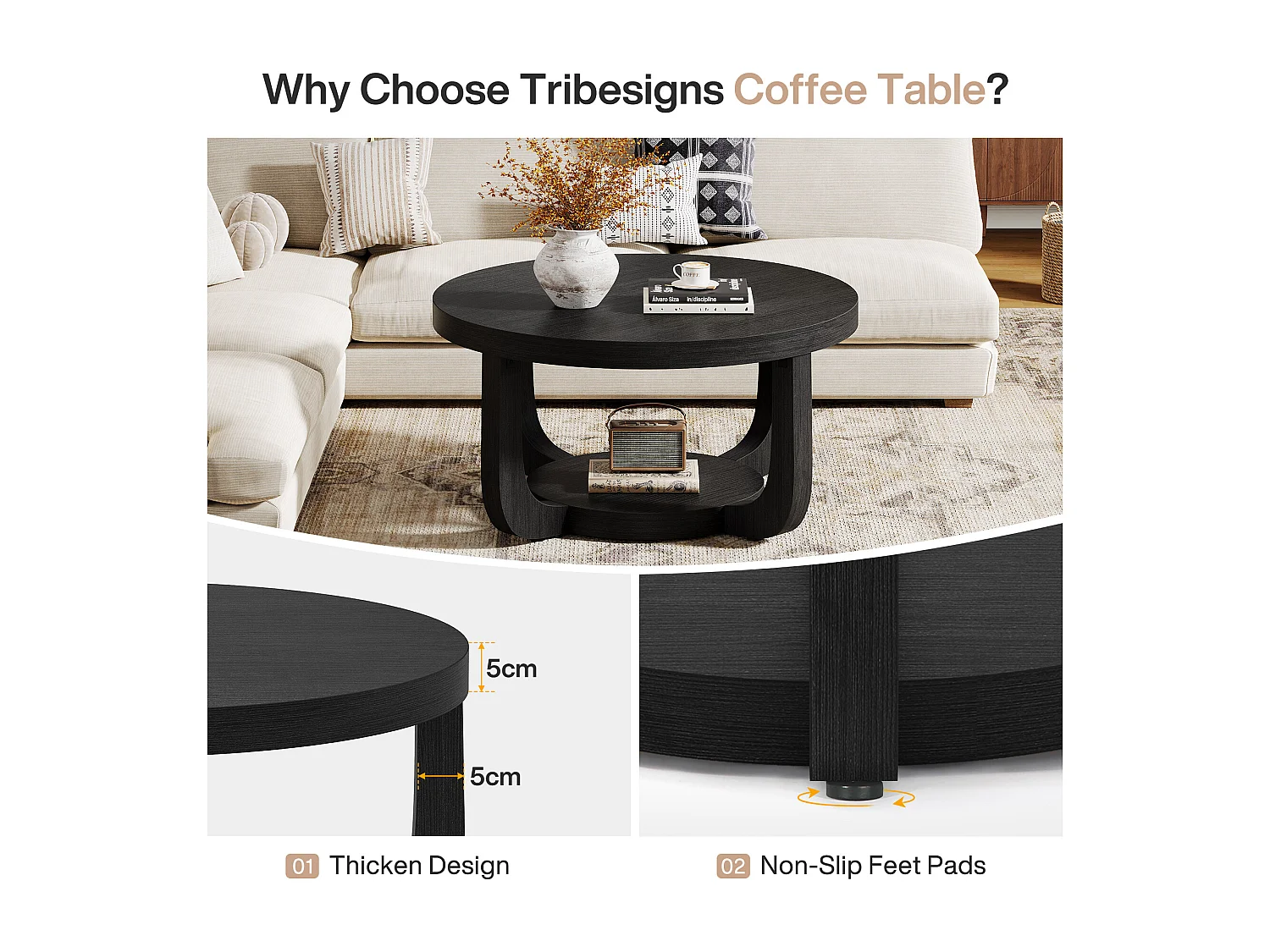 Table basse ronde de 80 cm, table basse circulaire à 2 niveaux avec rangement, noire