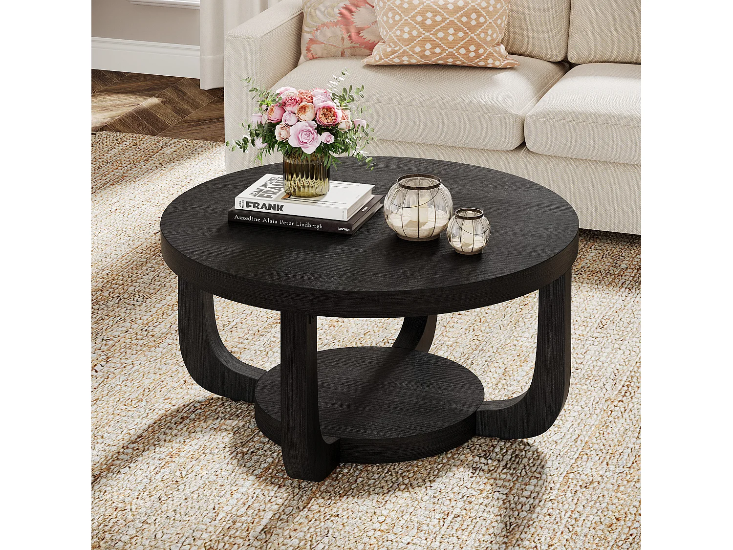 Table basse ronde de 80 cm, table basse circulaire à 2 niveaux avec rangement, noire