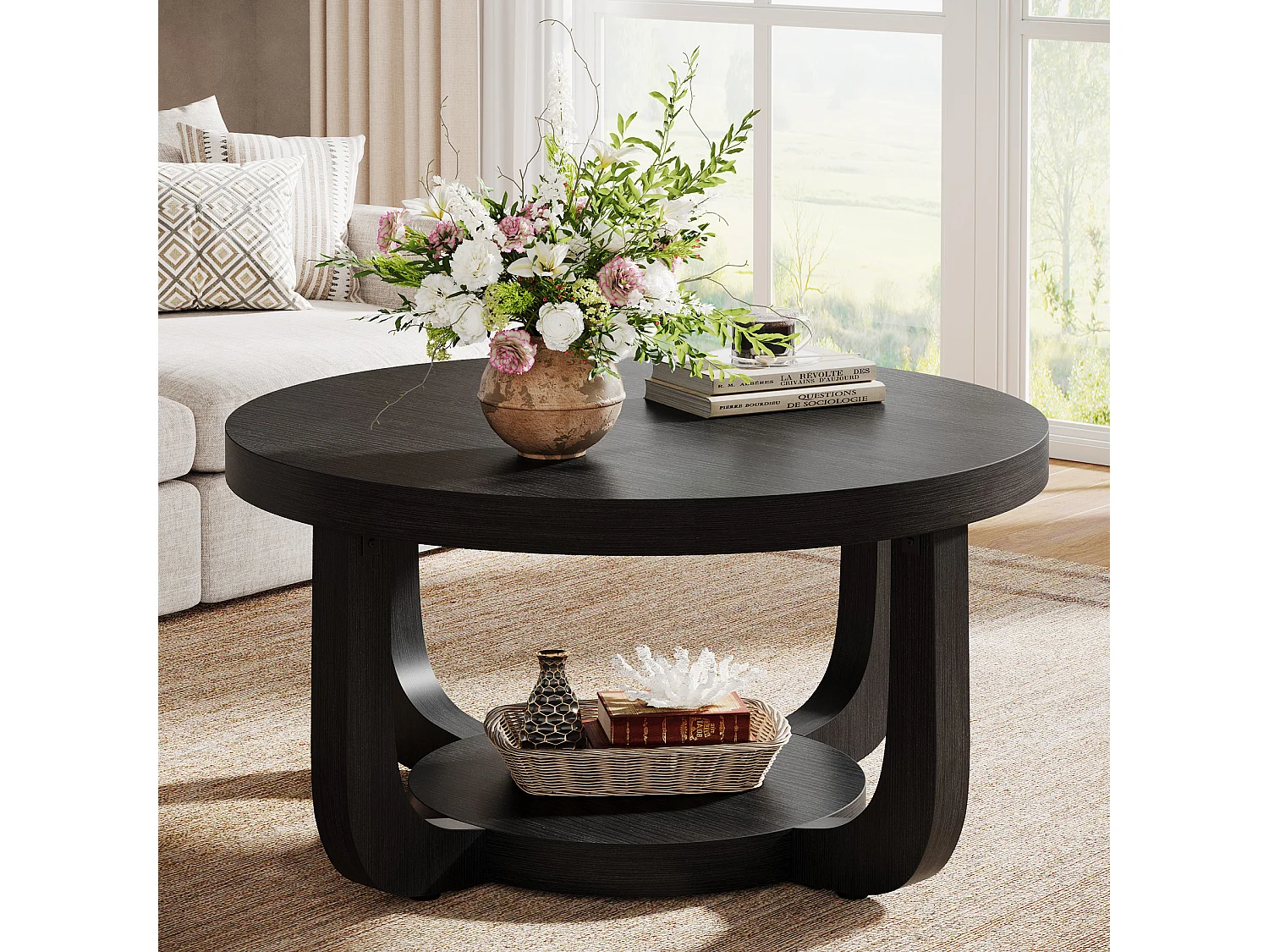 Table basse ronde de 80 cm, table basse circulaire à 2 niveaux avec rangement, noire