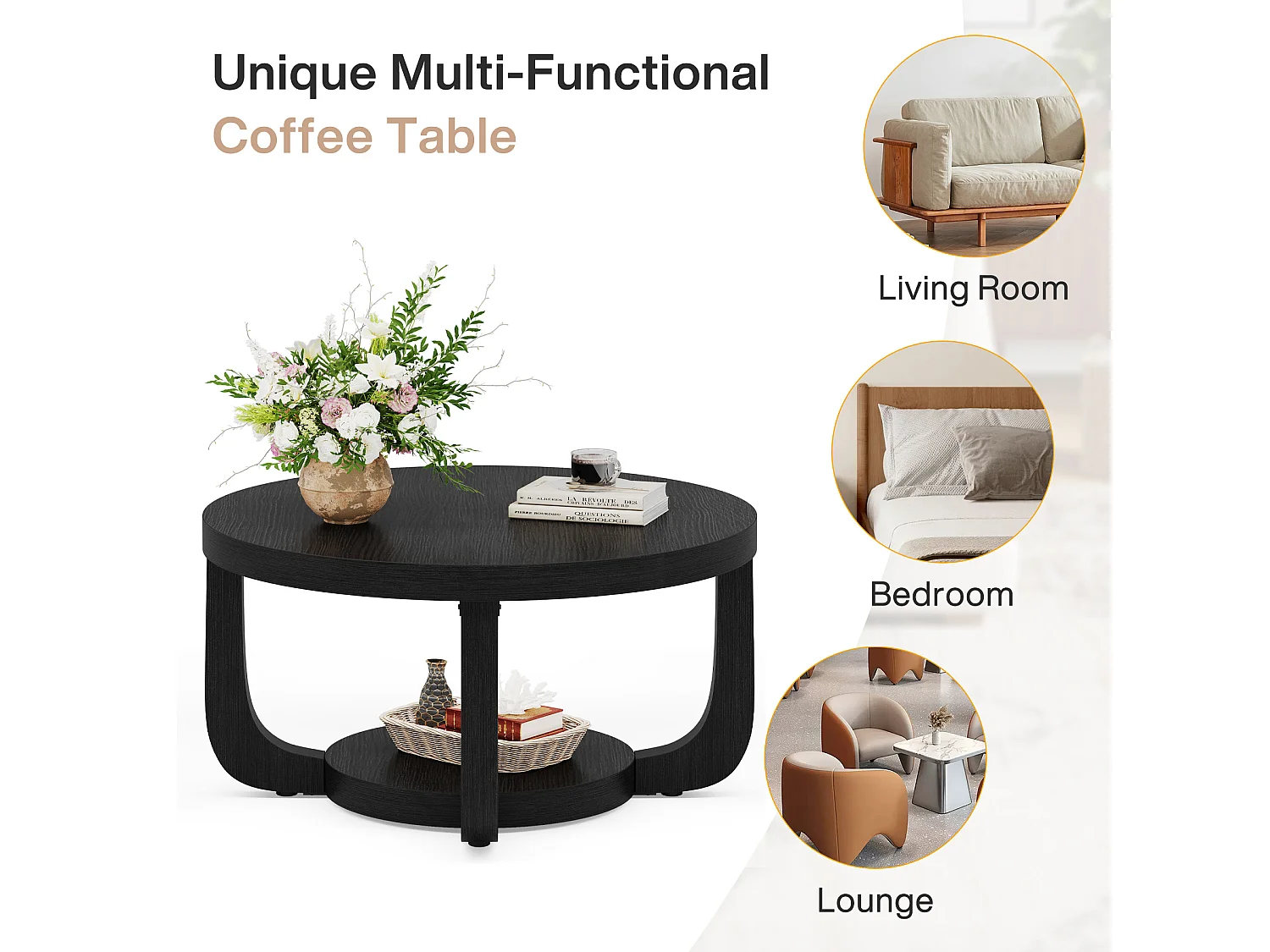 Table basse ronde de 80 cm, table basse circulaire à 2 niveaux avec rangement, noire