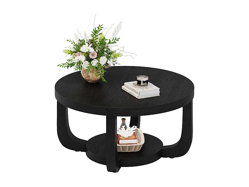 Table basse ronde de 80 cm, table basse circulaire à 2 niveaux avec rangement, noire