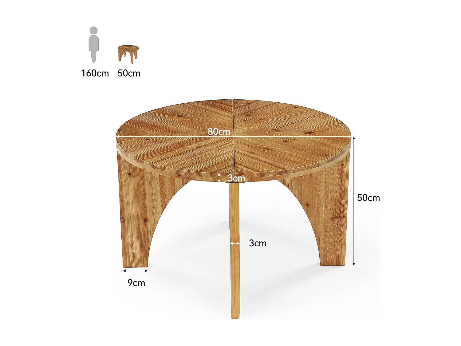 Table basse ronde en bois massif de 80 cm, table centrale de style campagnard avec pieds incurvés