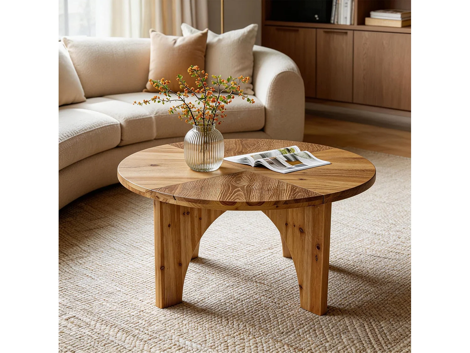 Table basse ronde en bois massif de 80 cm, table centrale de style campagnard avec pieds incurvés