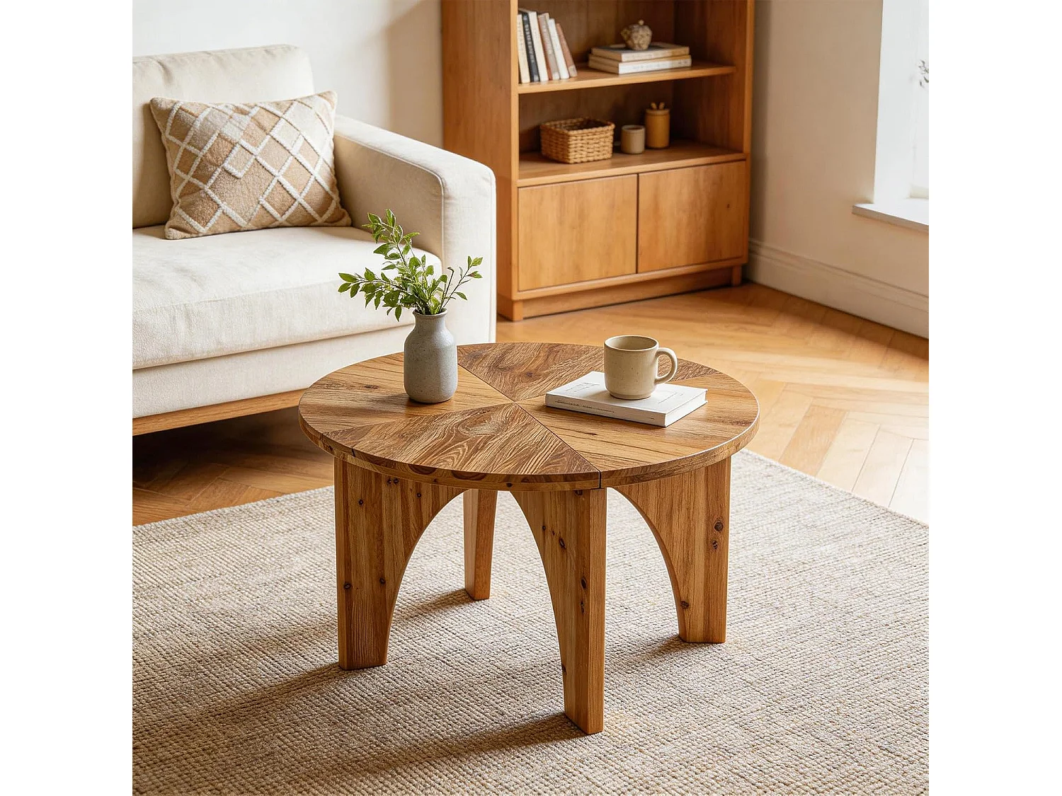 Table basse ronde en bois massif de 80 cm, table centrale de style campagnard avec pieds incurvés