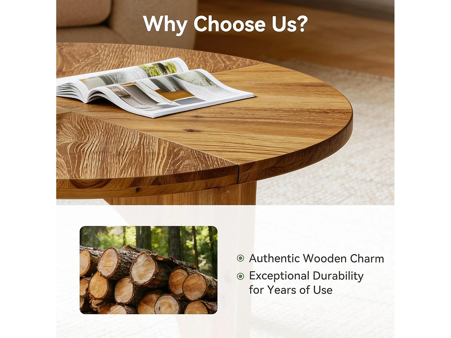 Table basse ronde en bois massif de 80 cm, table centrale de style campagnard avec pieds incurvés