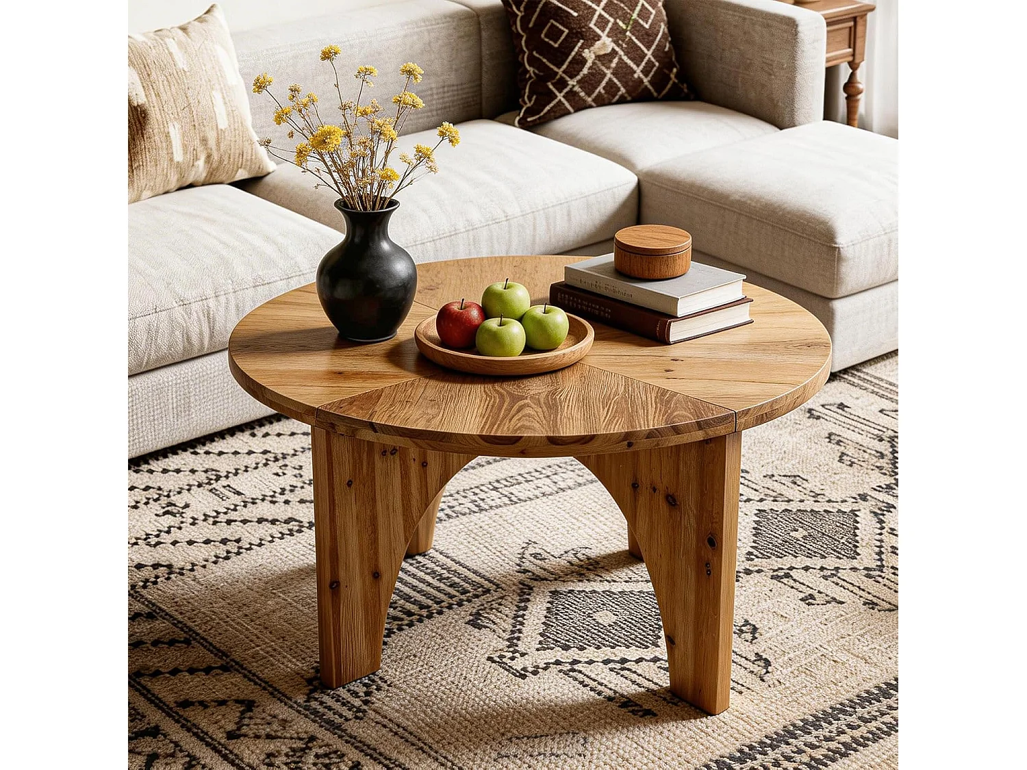 Table basse ronde en bois massif de 80 cm, table centrale de style campagnard avec pieds incurvés