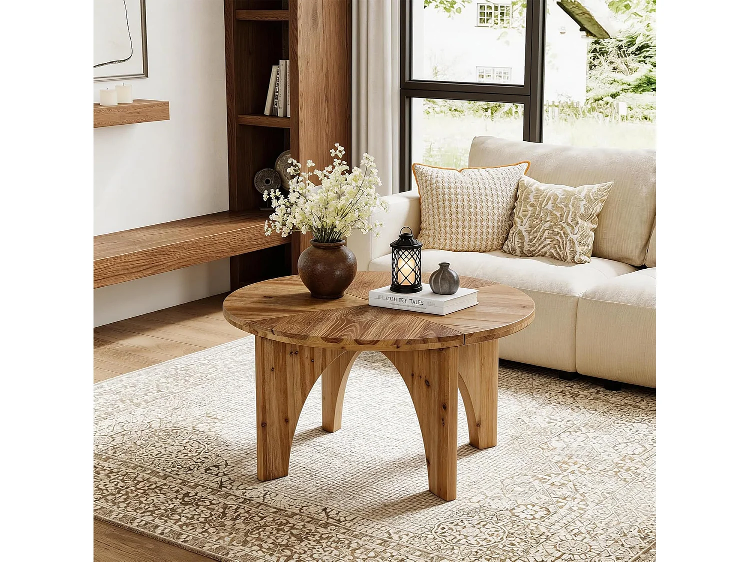 Table basse ronde en bois massif de 80 cm, table centrale de style campagnard avec pieds incurvés