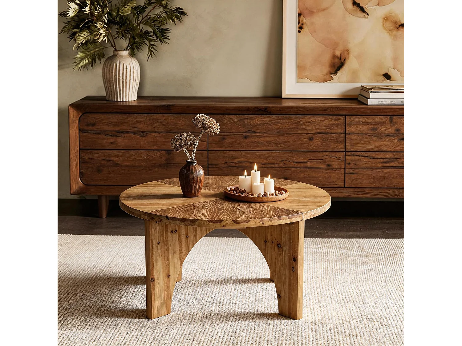 Table basse ronde en bois massif de 80 cm, table centrale de style campagnard avec pieds incurvés