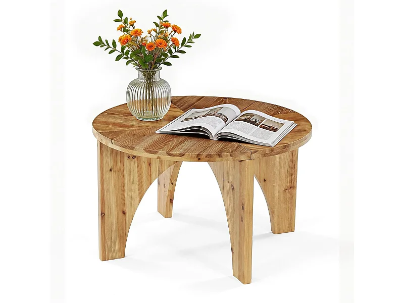 Table basse ronde en bois massif de 80 cm, table centrale de style campagnard avec pieds incurvés