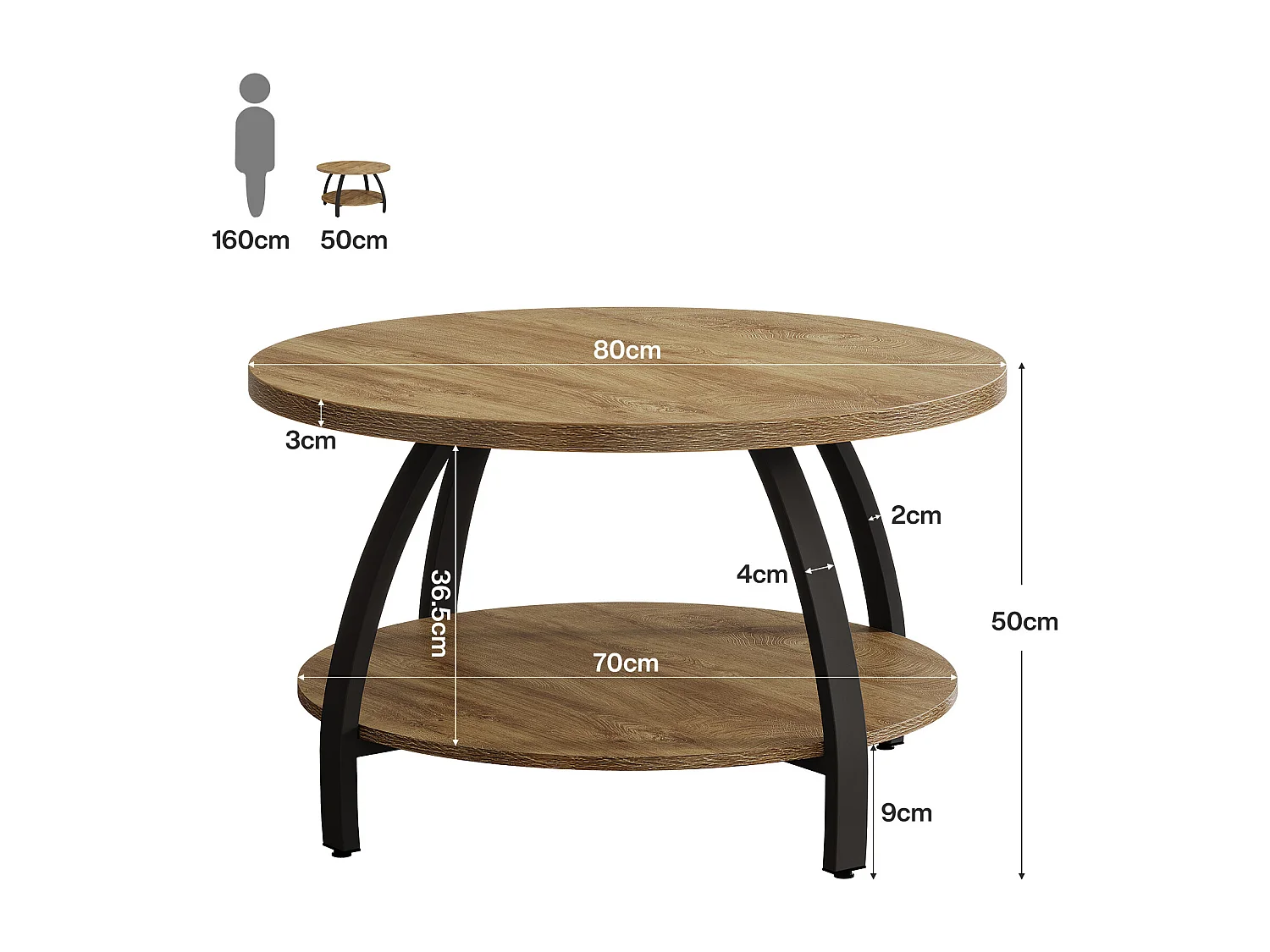 Table basse ronde de 80 cm avec étagères de rangement à 2 niveaux, petite table d'appoint de style campagnard