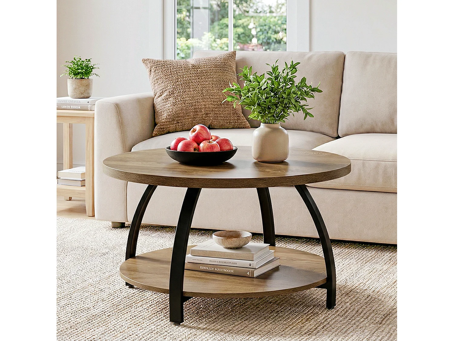 Table basse ronde de 80 cm avec étagères de rangement à 2 niveaux, petite table d'appoint de style campagnard