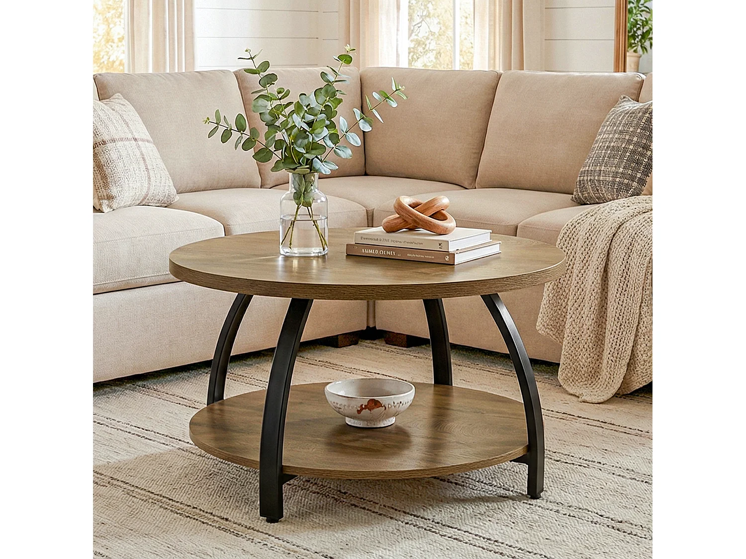 Table basse ronde de 80 cm avec étagères de rangement à 2 niveaux, petite table d'appoint de style campagnard