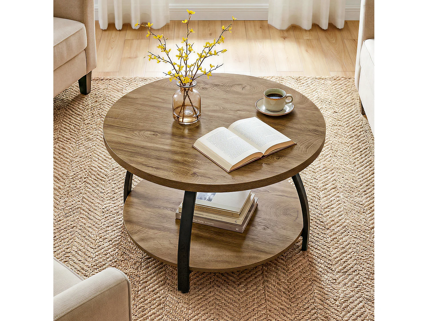 Table basse ronde de 80 cm avec étagères de rangement à 2 niveaux, petite table d'appoint de style campagnard