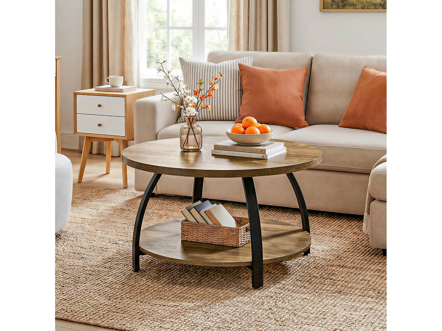Table basse ronde de 80 cm avec étagères de rangement à 2 niveaux, petite table d'appoint de style campagnard