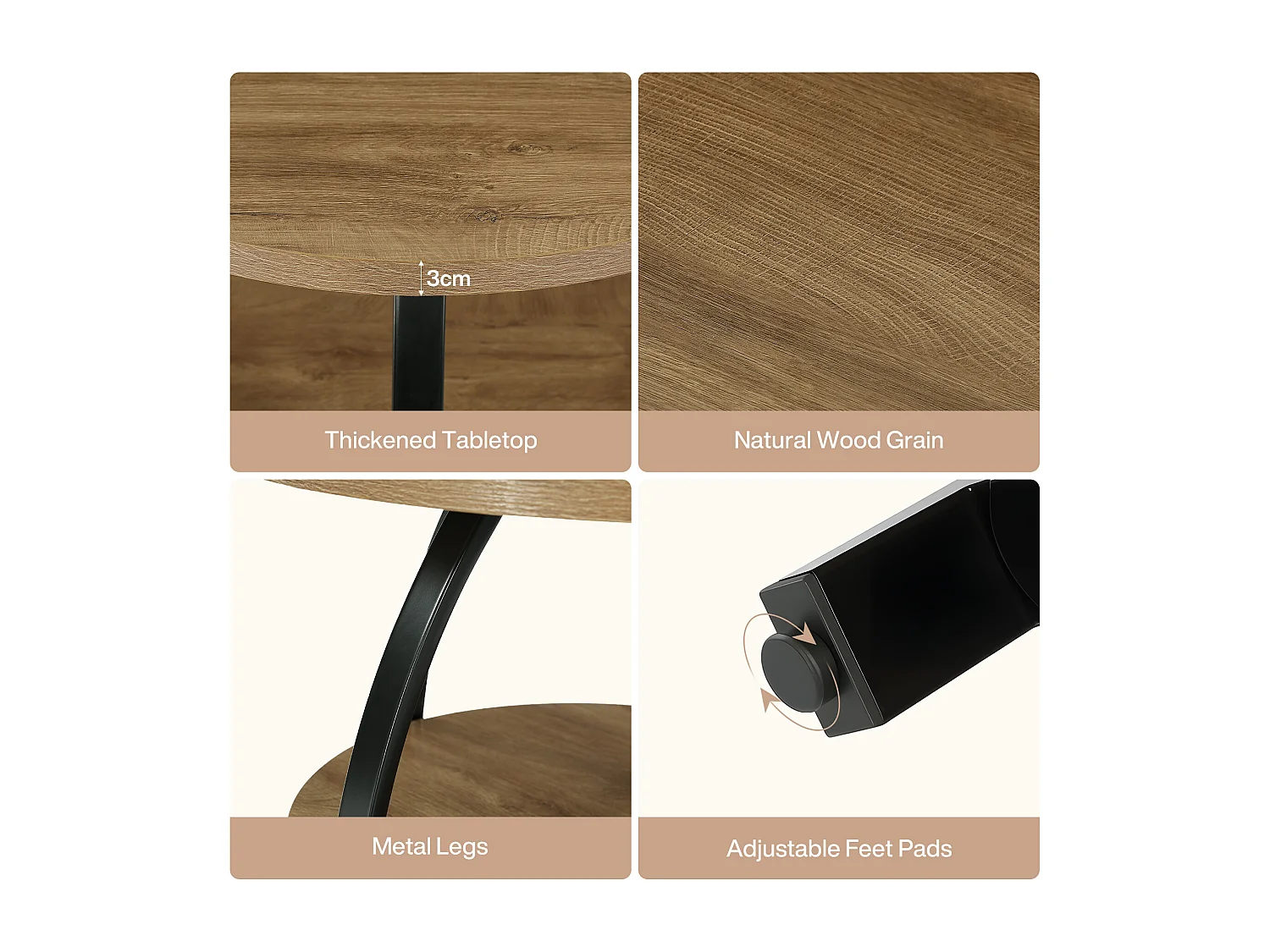 Table basse ronde de 80 cm avec étagères de rangement à 2 niveaux, petite table d'appoint de style campagnard