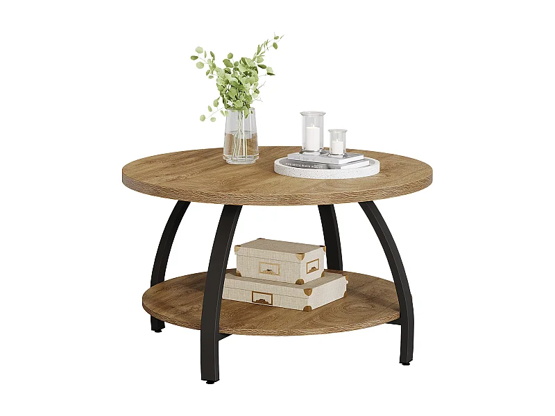 Table basse ronde de 80 cm avec étagères de rangement à 2 niveaux, petite table d'appoint de style campagnard