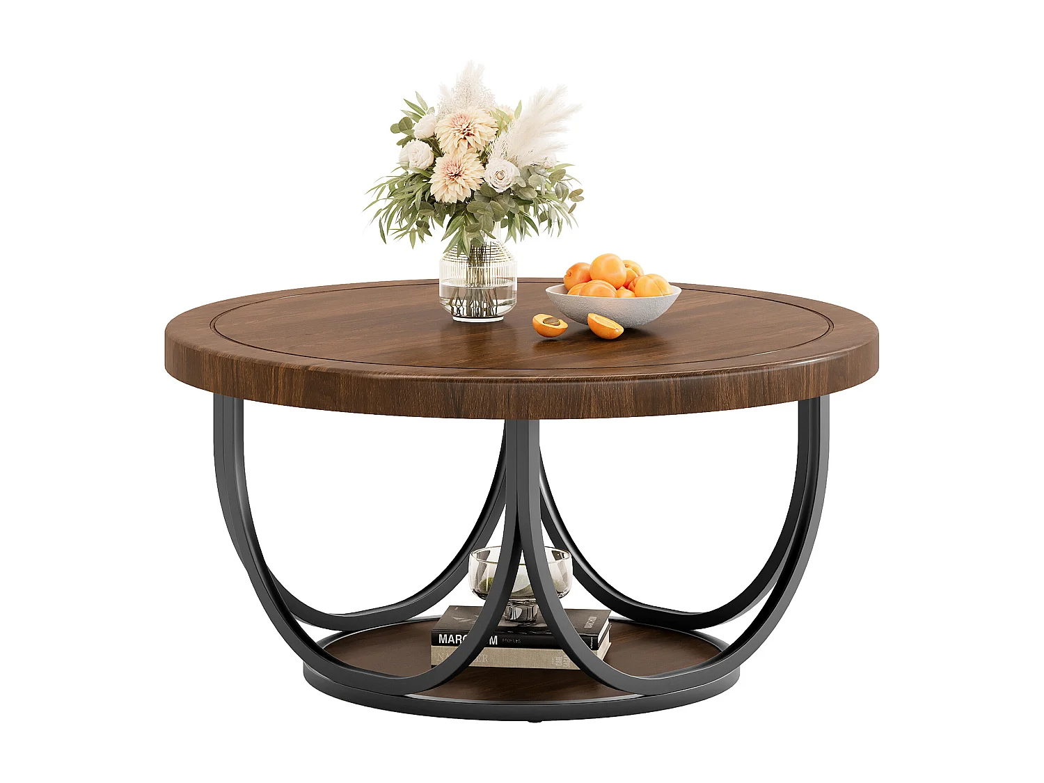 Table basse ronde à 2 niveaux, table d'appoint ronde de 80 cm avec étagère de rangement