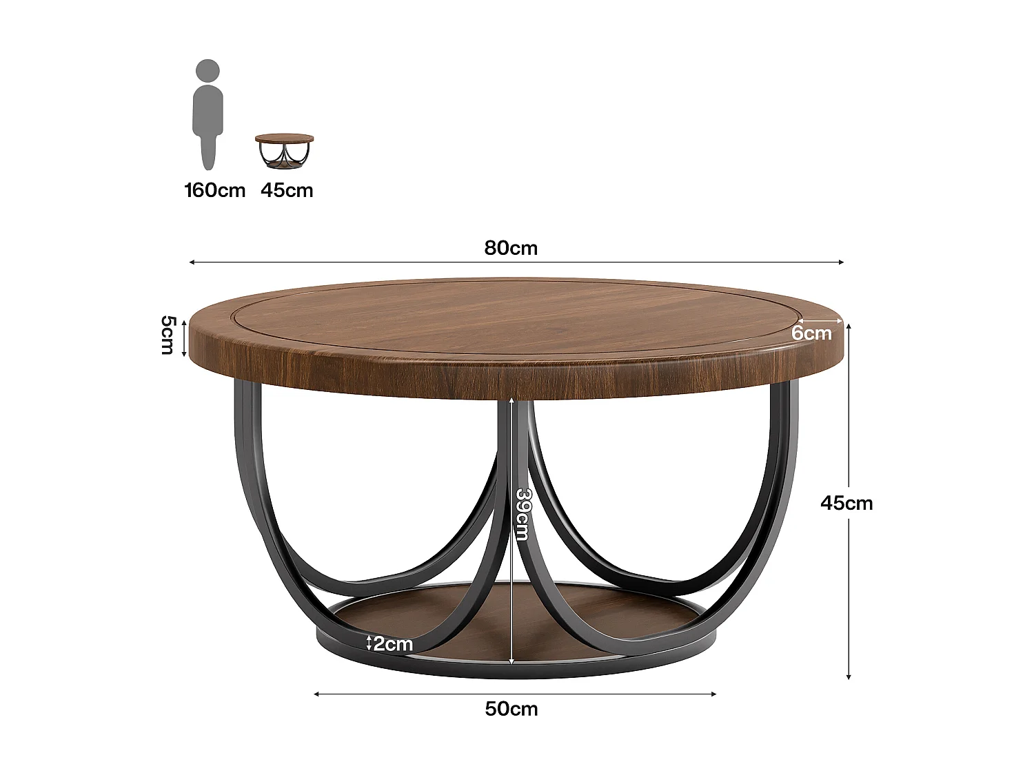 Table basse ronde à 2 niveaux, table d'appoint ronde de 80 cm avec étagère de rangement