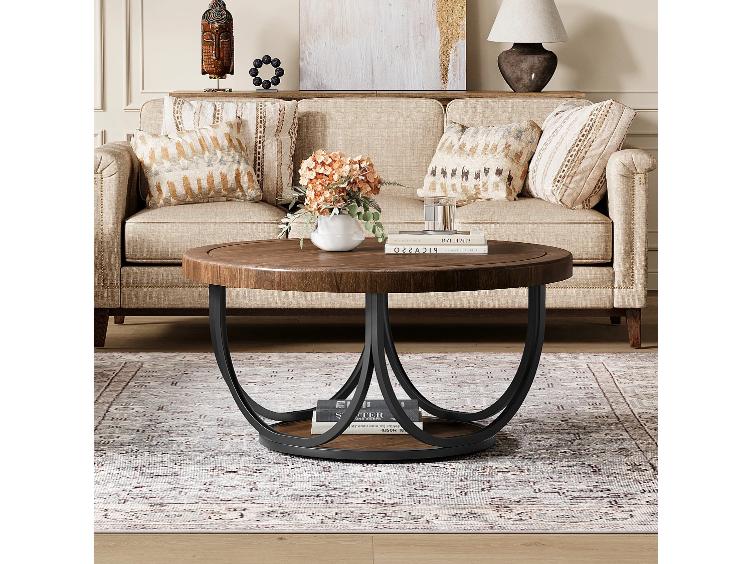 Table basse ronde à 2 niveaux, table d'appoint ronde de 80 cm avec étagère de rangement