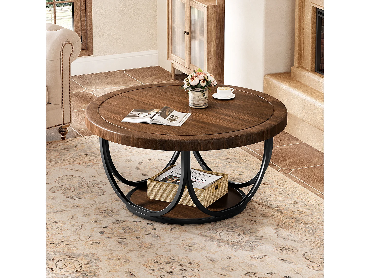 Table basse ronde à 2 niveaux, table d'appoint ronde de 80 cm avec étagère de rangement