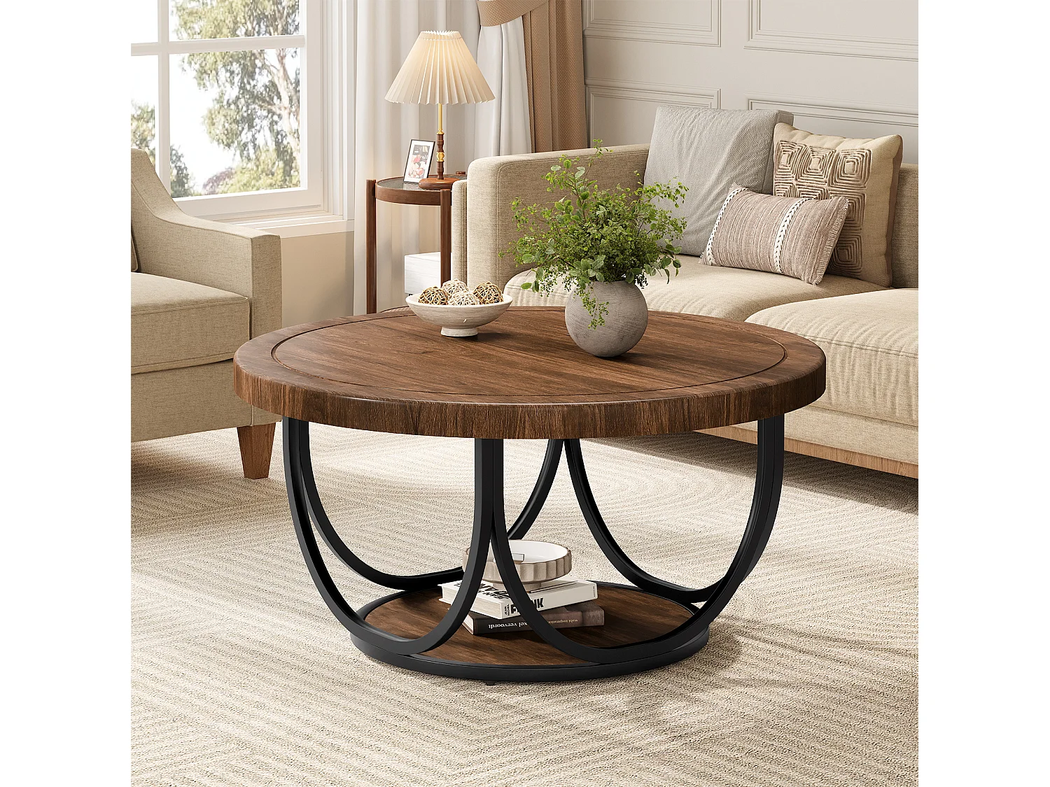 Table basse ronde à 2 niveaux, table d'appoint ronde de 80 cm avec étagère de rangement