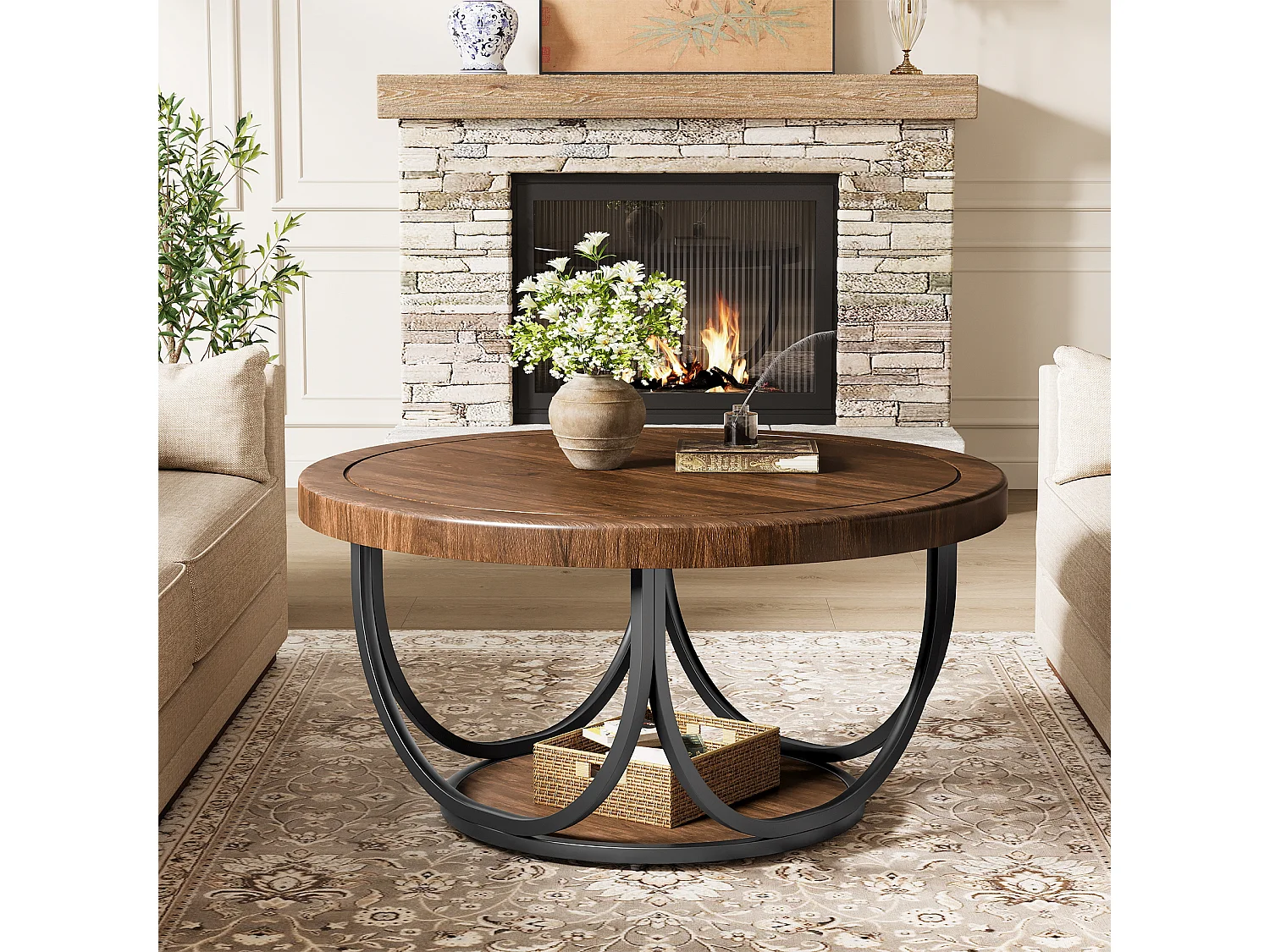 Table basse ronde à 2 niveaux, table d'appoint ronde de 80 cm avec étagère de rangement