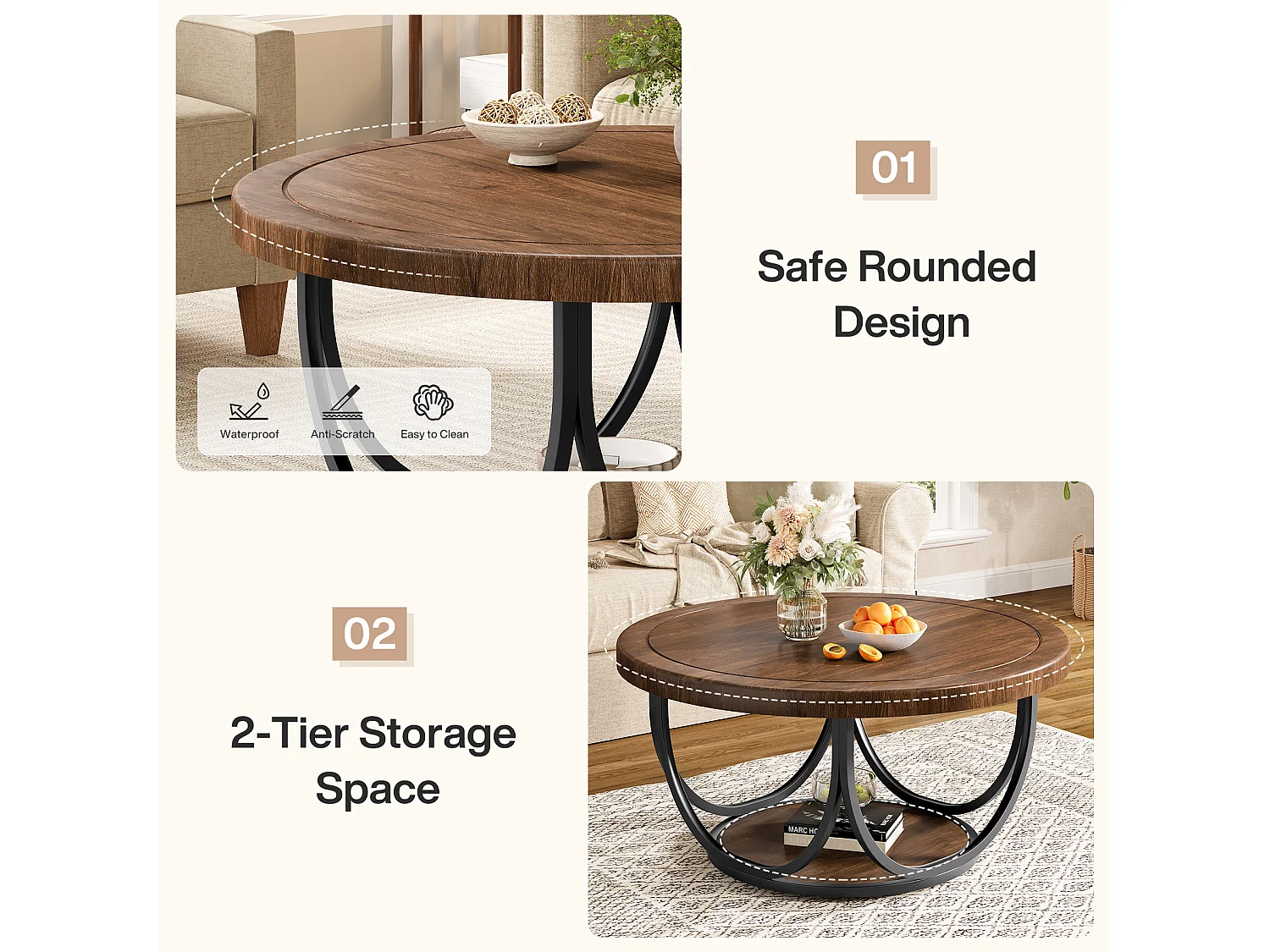 Table basse ronde à 2 niveaux, table d'appoint ronde de 80 cm avec étagère de rangement