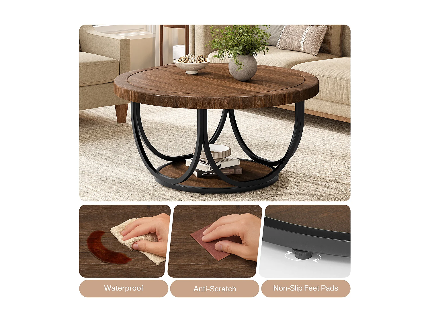 Table basse ronde à 2 niveaux, table d'appoint ronde de 80 cm avec étagère de rangement