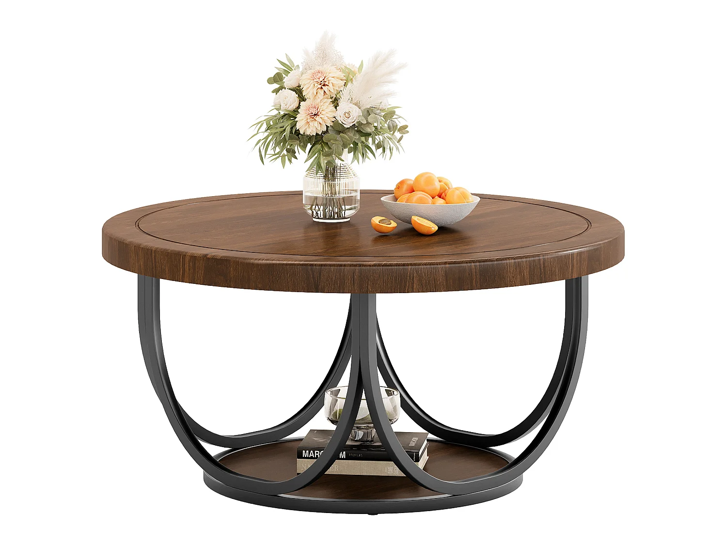 Table basse ronde à 2 niveaux, table d'appoint ronde de 80 cm avec étagère de rangement