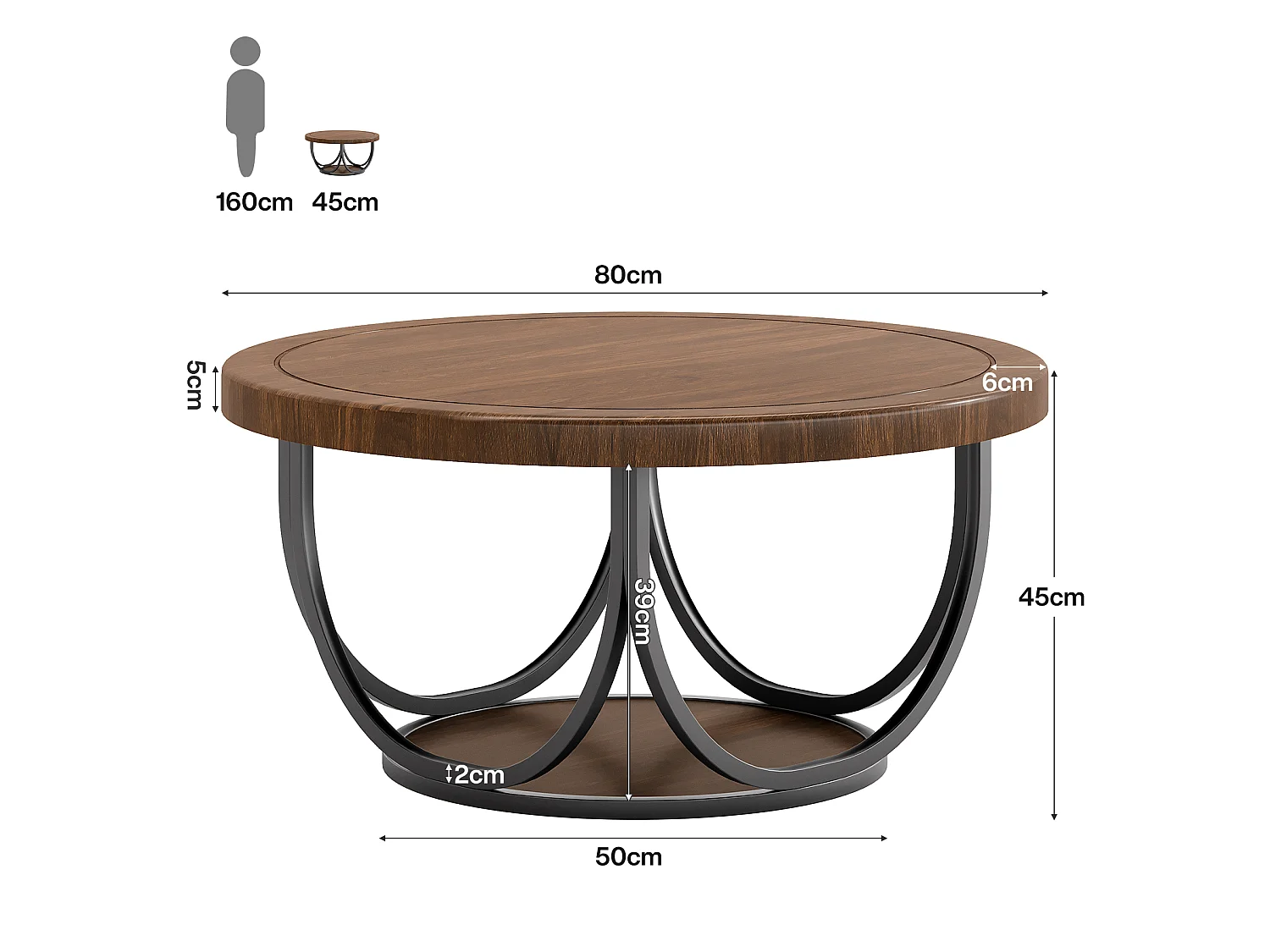Table basse ronde à 2 niveaux, table d'appoint ronde de 80 cm avec étagère de rangement
