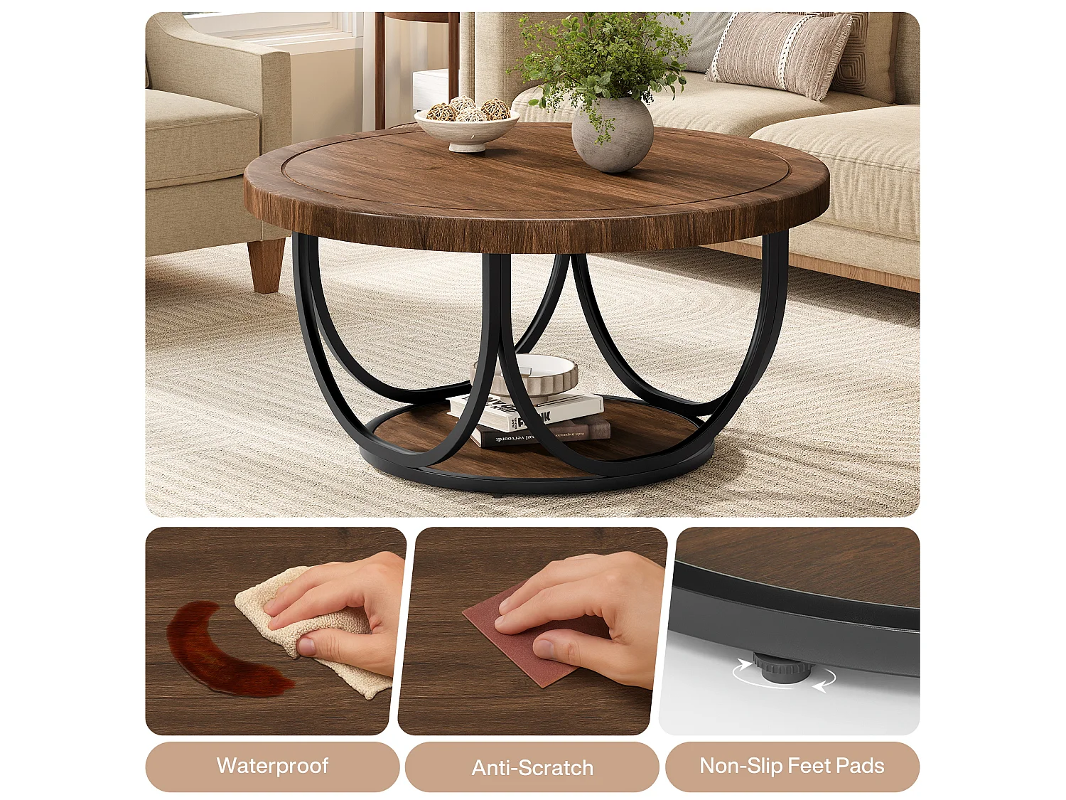 Table basse ronde à 2 niveaux, table d'appoint ronde de 80 cm avec étagère de rangement