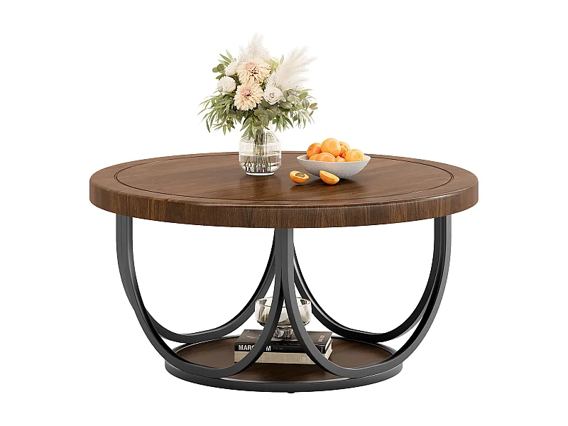 Table basse ronde à 2 niveaux, table d'appoint ronde de 80 cm avec étagère de rangement